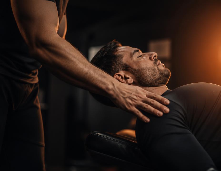 Profissional acompanhando de perto a execução de um exercício.